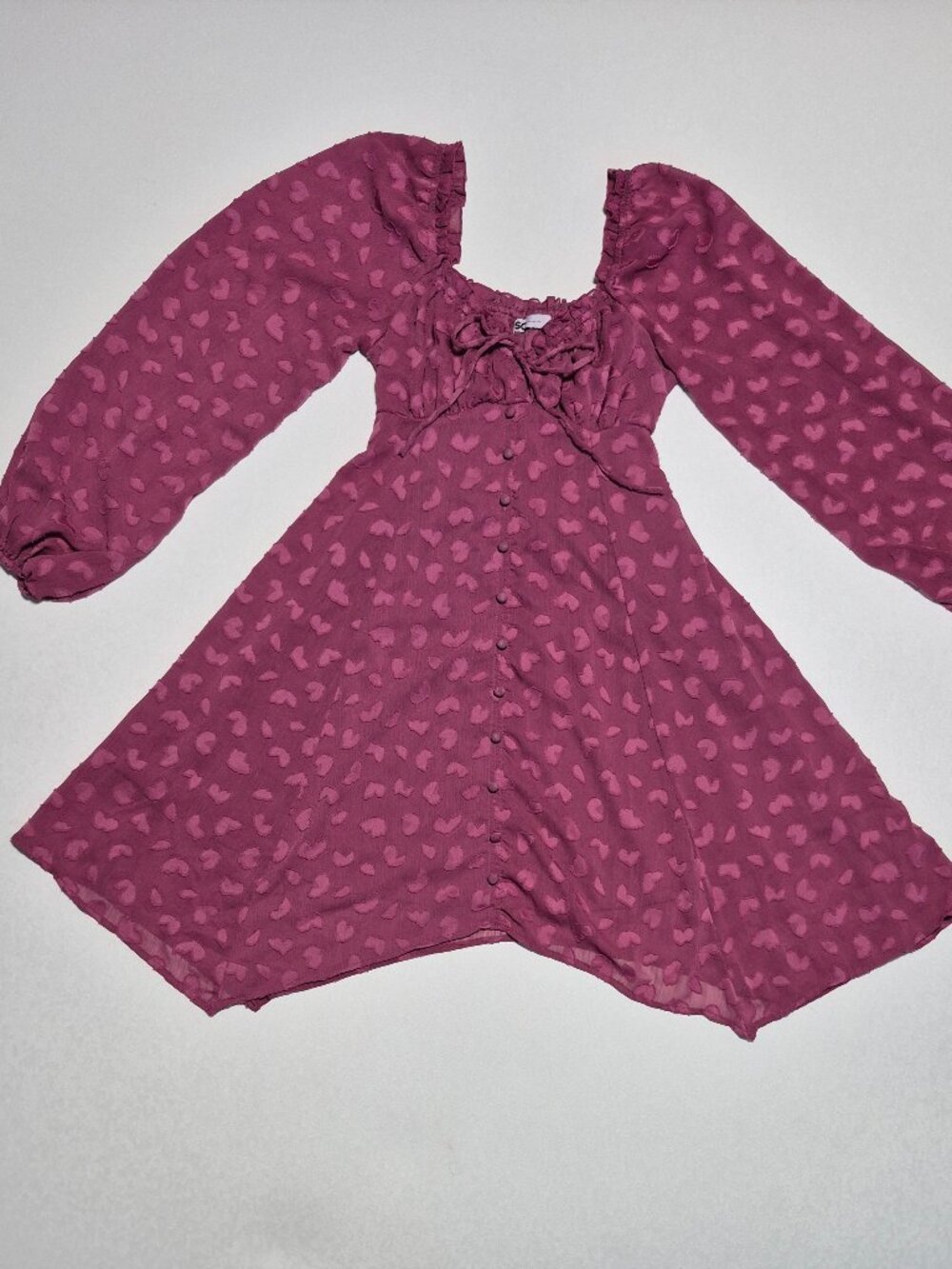 SO Goods for Life Burgundy Heart Babydoll Dress Long Sleeve Size M Casual Boho